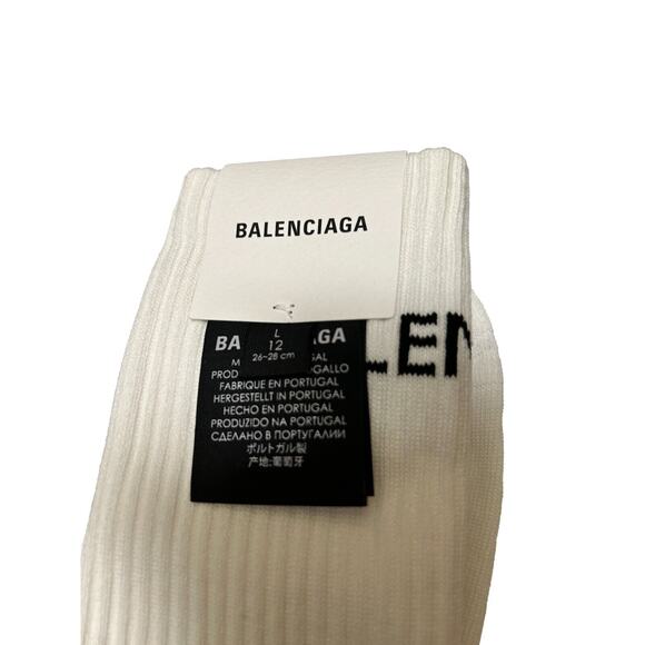 BALENCIAGA White Logo Socks Ribbed cotton blend mid calf Size